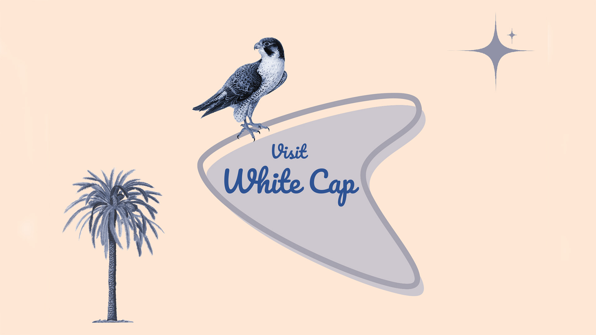 White Cap postcard (front) featuring palm tree and peregrine falcon